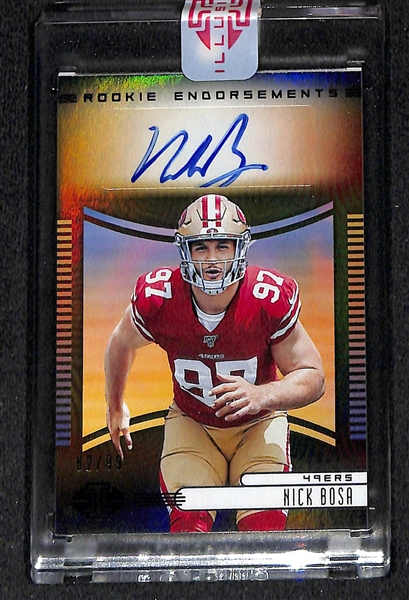 Lot of (4) 2019 Football Rookie Autographs- Playoff Kyler Murray, Phoenix Josh Jacobs Patch (#/49), Illusions Nick Bosa (#/99), Playoff DK Metcalf